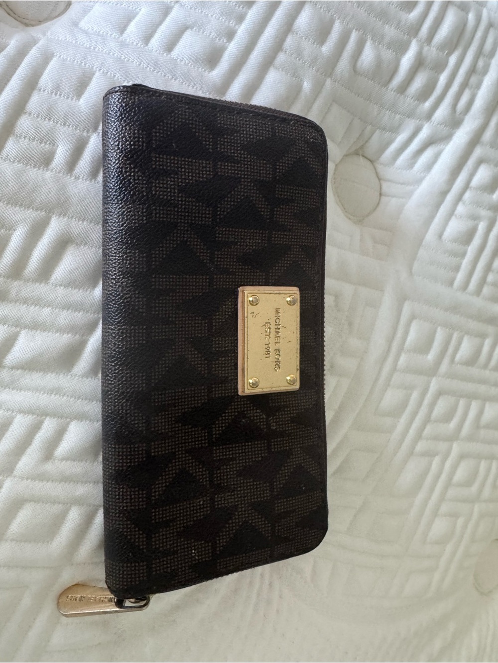 Michael Kors Dark Brown Logo Zip Wallet with Gold Plaque